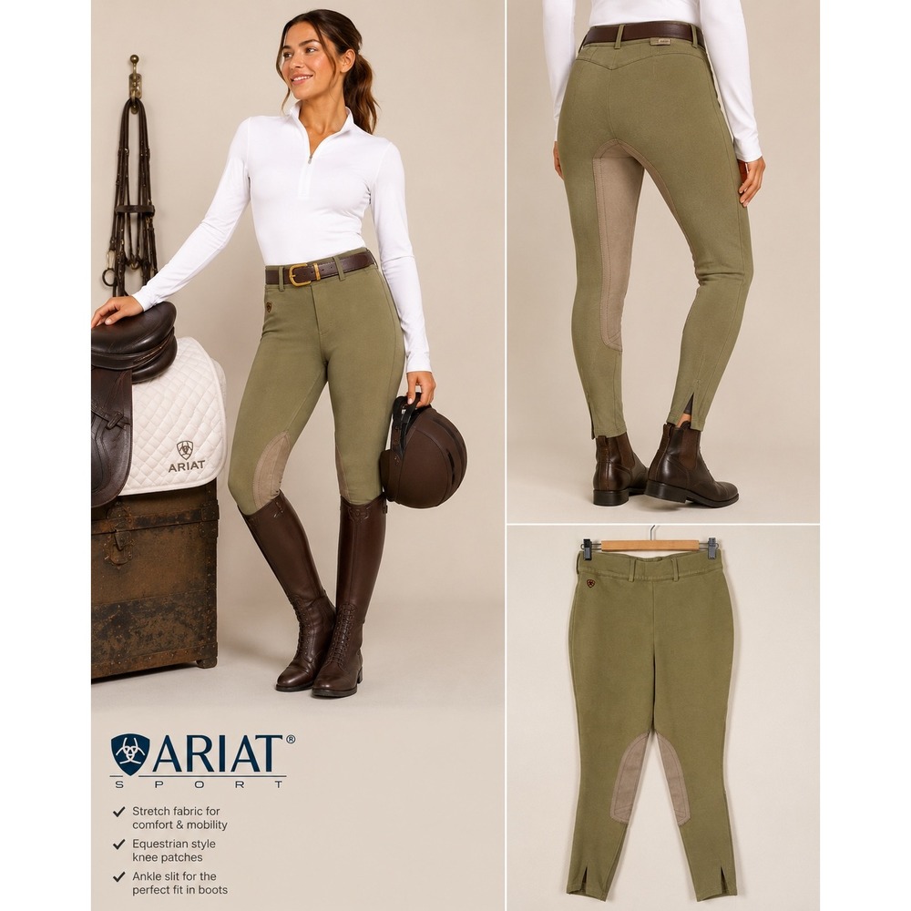 Ariat Sport Equestrian Breeches Olive Green Tan Knee Patch Riding Pants 32R